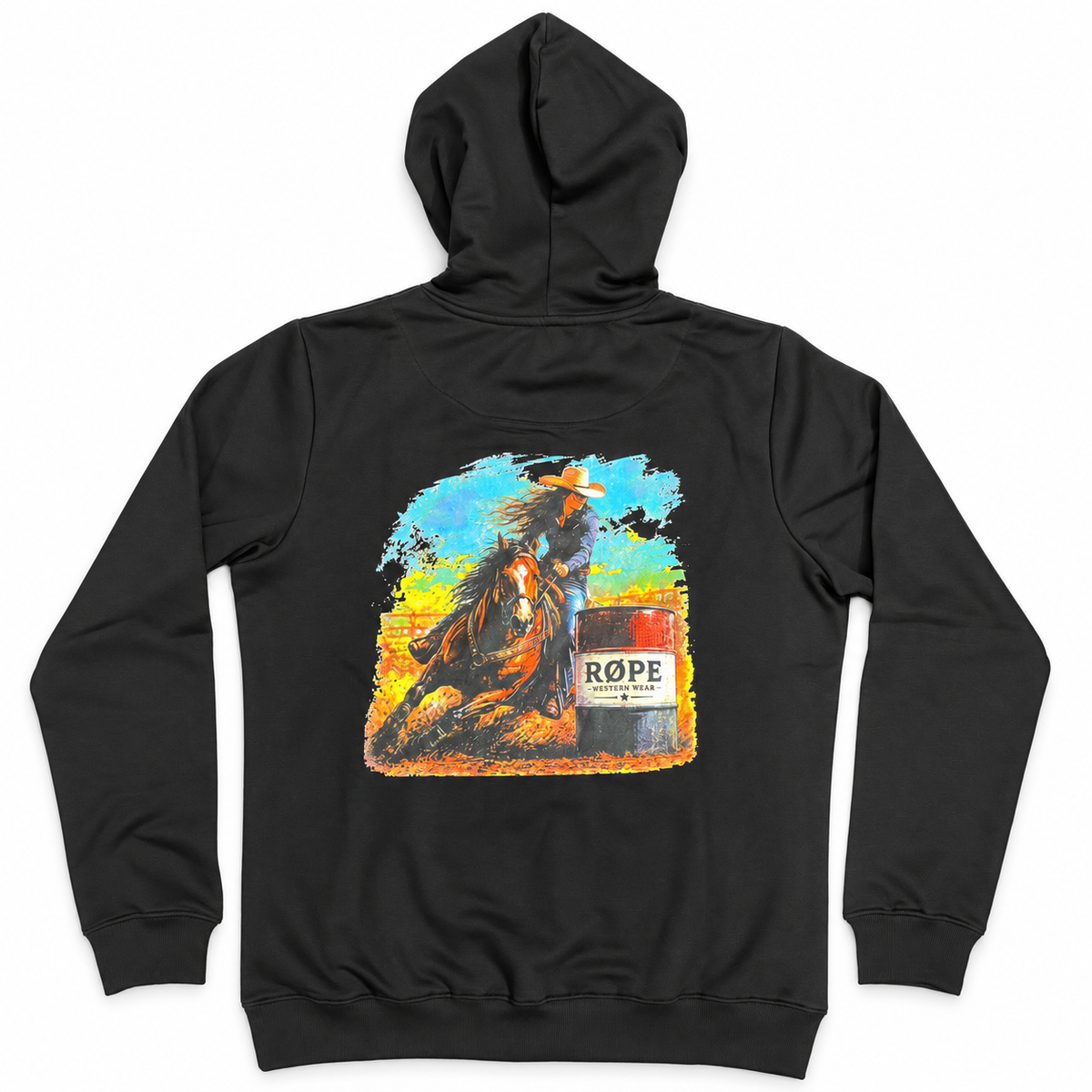 Hoodie femme RØPE Barrel Racing noir — vue de dos sur fond blanc