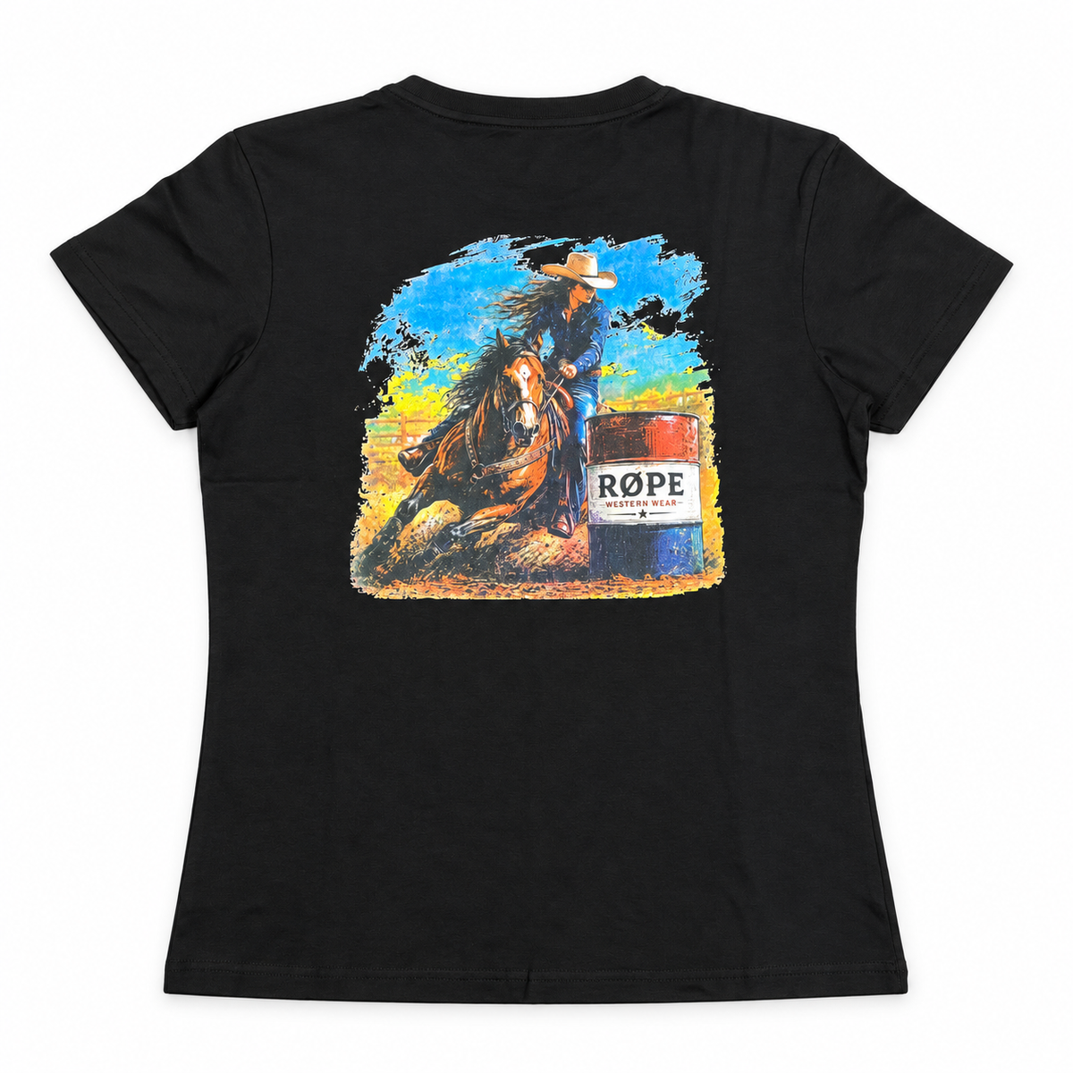 T-shirt femme RØPE Barrel Racing noir — vue de dos sur fond blanc