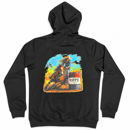 Hoodie femme RØPE Barrel Racing noir — vue de dos sur fond blanc