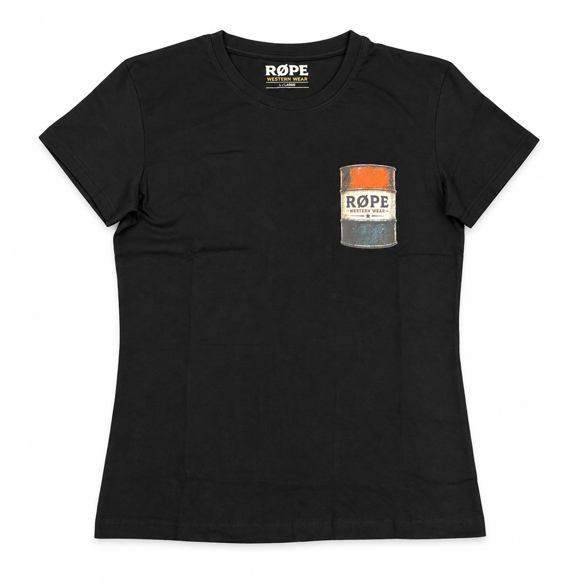 T-shirt femme RØPE Barrel Racing noir — vue de devant sur fond blanc