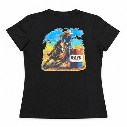 T-shirt femme RØPE Barrel Racing noir — vue de dos sur fond blanc